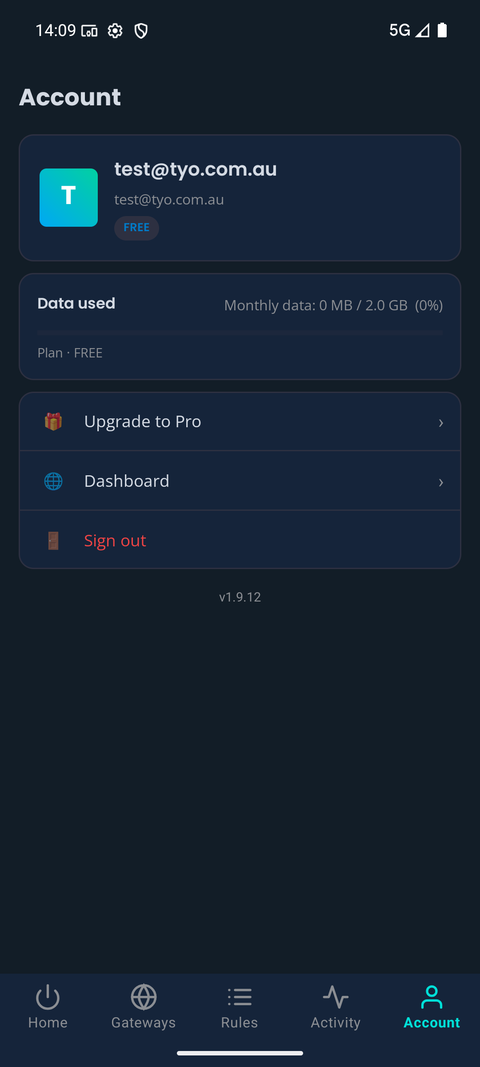 TYO Reach Android Account tab showing the signed-in account, plan, monthly data used, and links to upgrade, dashboard and sign out