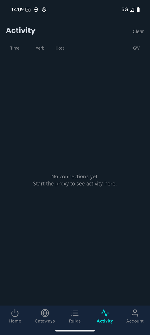 TYO Reach Android Activity tab showing a live connection log with time, verb, host and gateway columns