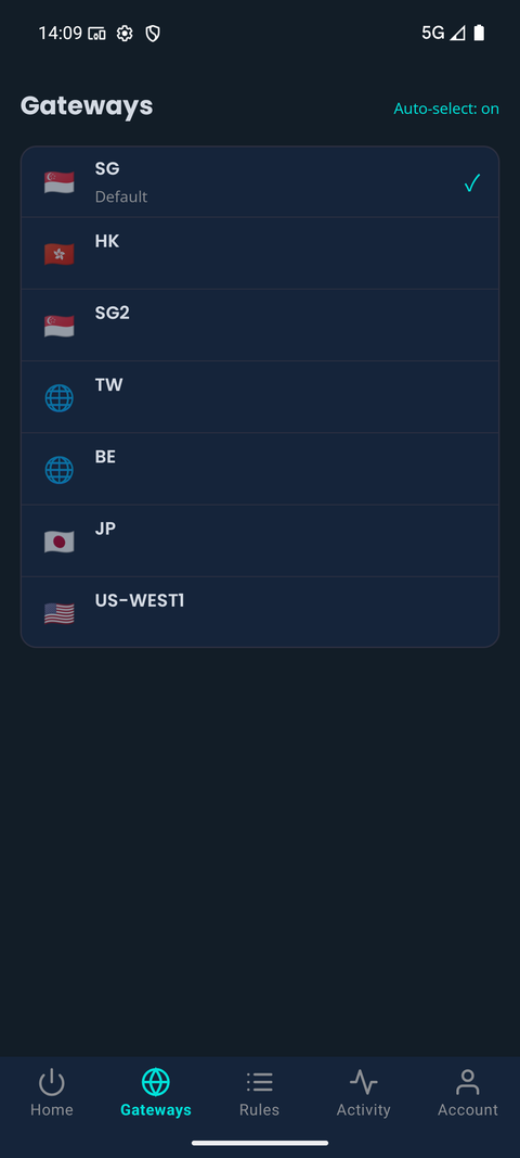 TYO Reach Android Gateways tab listing available regions with auto-select on