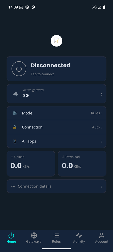 TYO Reach Android Home tab showing the connect button, active gateway, mode, connection, all-apps routing, and upload/download speed
