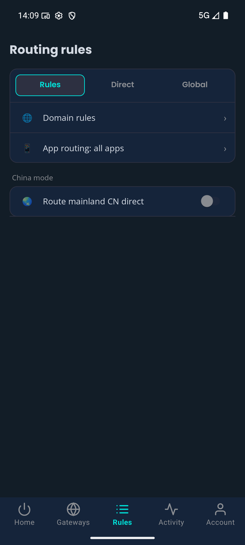 TYO Reach Android Rules tab showing domain rules, app routing, and the China mode route-mainland-CN-direct toggle