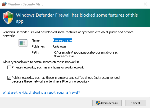 Windows Defender Firewall prompt for tyoreach.exe with Public networks ticked