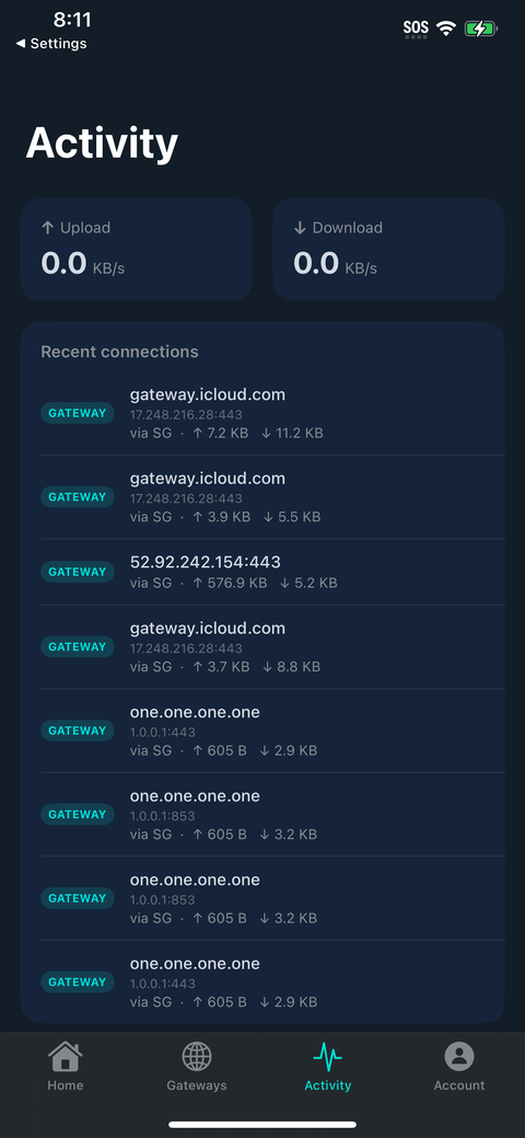 TYO Reach iOS Activity screen showing recent connections with destination, IP, gateway and upload/download for each