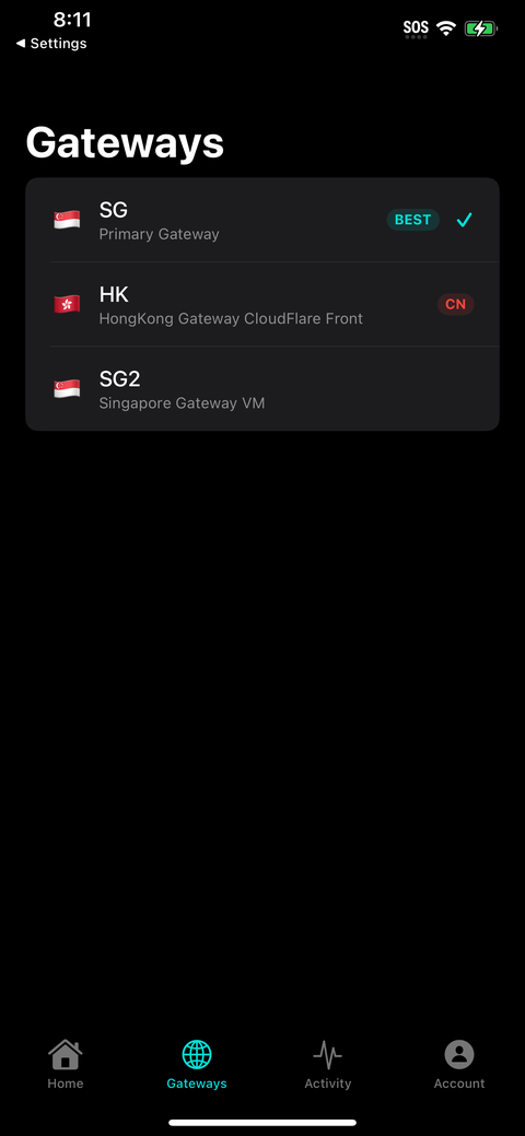 TYO Reach iOS Gateways screen listing regions with a BEST badge on the recommended gateway and a CN badge on the Hong Kong gateway