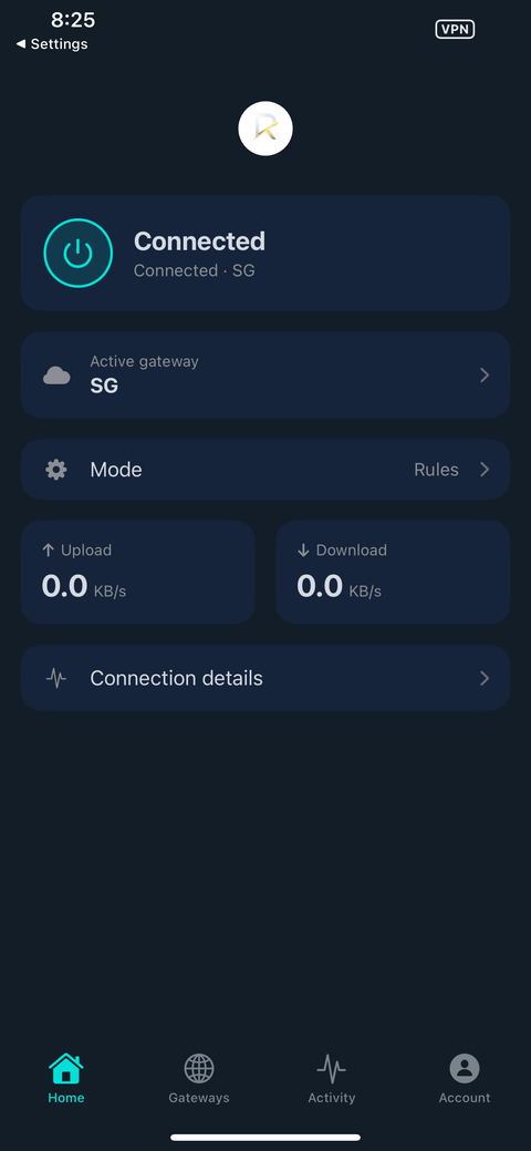 TYO Reach iOS Home screen showing Connected status, active gateway, mode, and upload/download speed