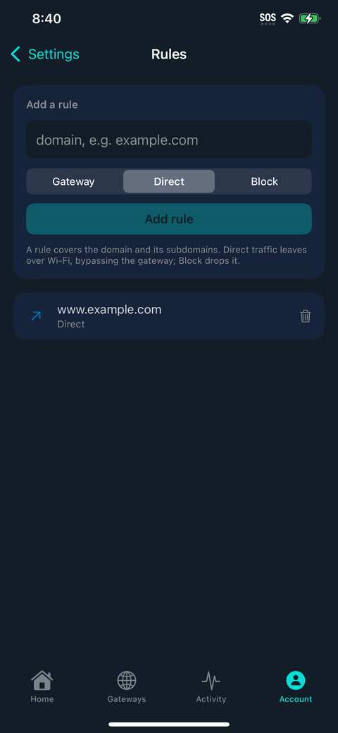 TYO Reach iOS Rules screen with a domain input and Gateway, Direct, and Block actions