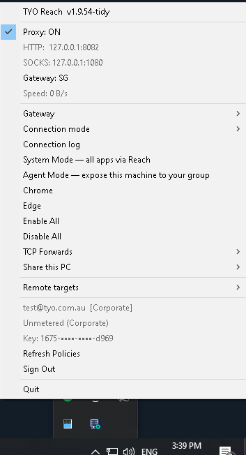 TYO Reach tray menu with the proxy on and Gateway set