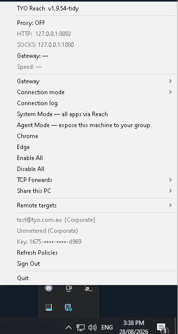 TYO Reach tray menu after signing in, proxy still off, showing the signed-in account and Remote targets option