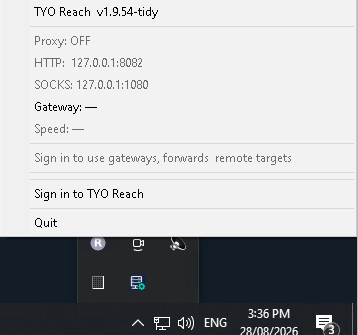TYO Reach tray menu before signing in, with a Sign in to TYO Reach option