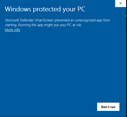 Windows SmartScreen "Windows protected your PC" prompt with the More info link