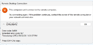 Remote Desktop "This computer can't connect to the remote computer" error dialog, code 0x904, extended code 0x7